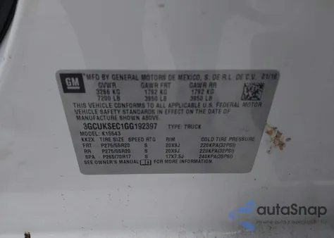 2016 Chevrolet Silverado 1500 1Lz z USA, uszkodzony, nr VIN 3GCUKSEC1GG192397